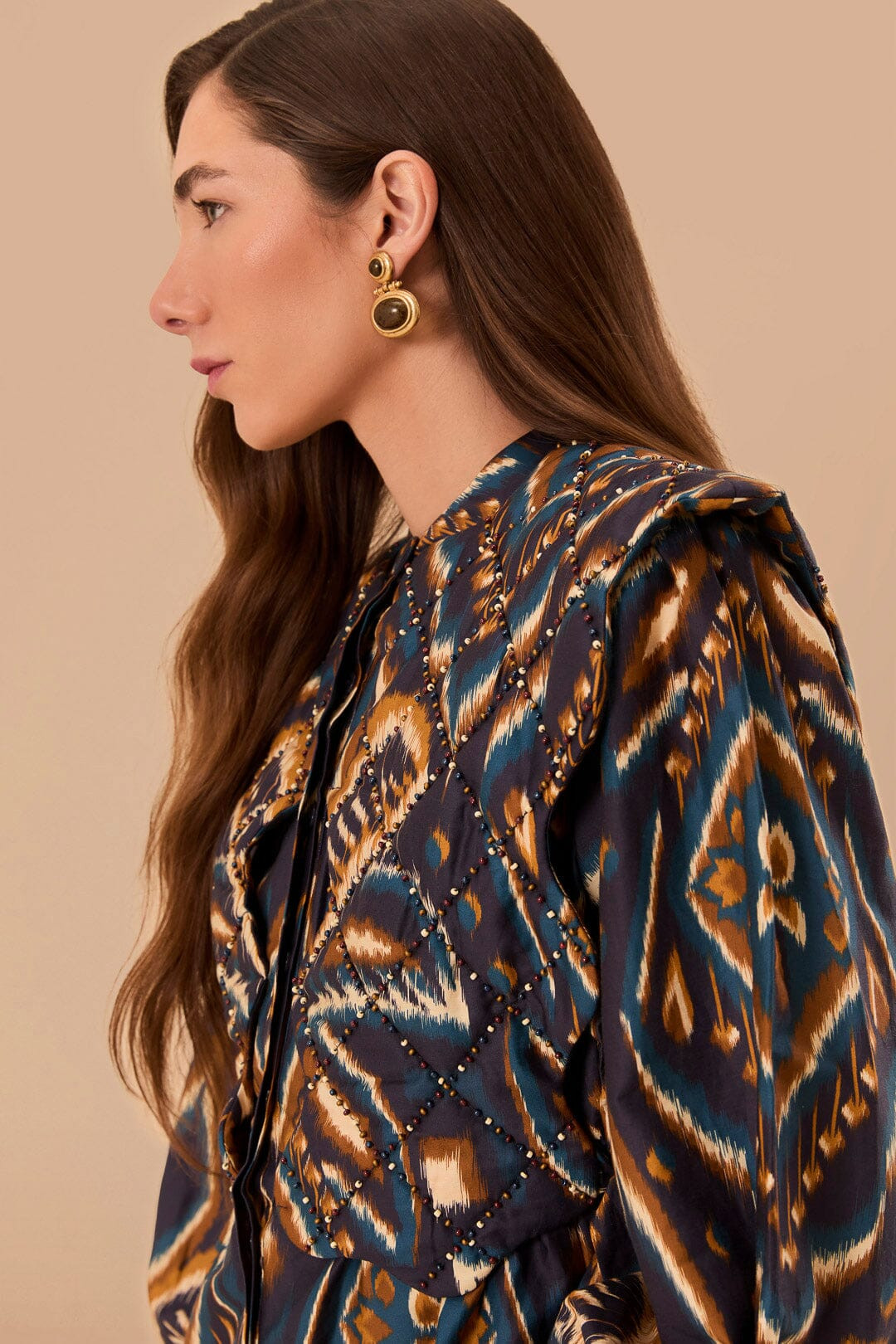 Blue Pineapple Ikat Long Sleeve Matelasse Blouse | FarmRio (US)