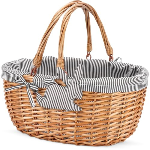 G GOOD GAIN Oval Picnic Basket with Folding Handles, Willow Hand Woven Shopping Basket, Bath Storage Gift Packing Basket, Wicker Empty Easter Eggs and Candy Small Gift Basket. Grey | Amazon (US)