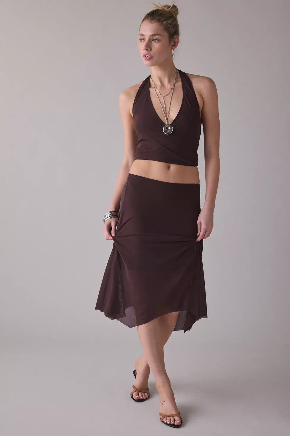 UO Never Miss Mesh Halter Neck Asymmetric Midi Skirt 2-Piece Set | Urban Outfitters (US and RoW)