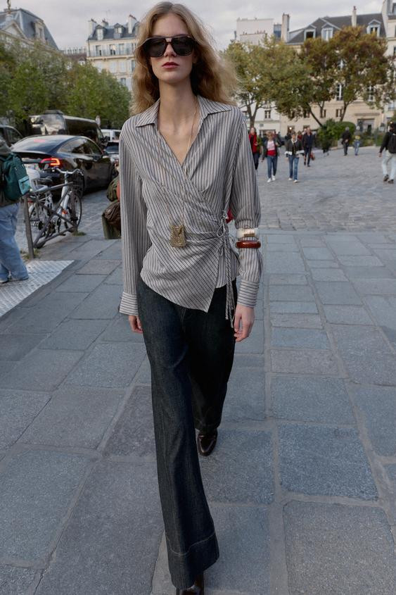 STRIPED WRAP SHIRT WITH BOW | Zara UK