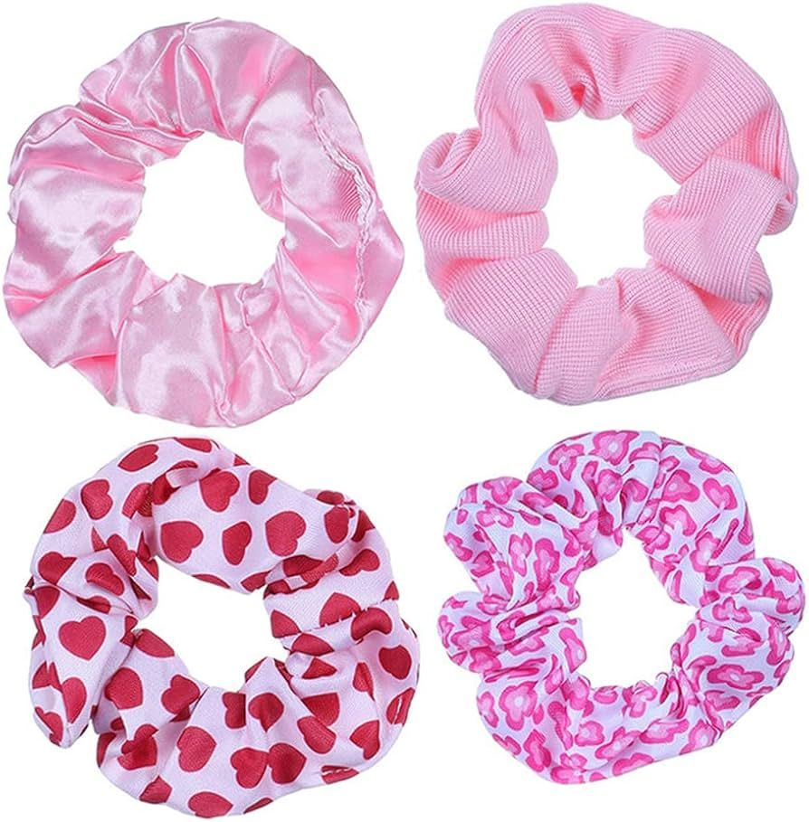 Valentine Hair Scrunchies Galentine Pink Hair Ropes Ties Valentine Hair Bands Scrunchy JHV31 (4 pcs-Pink Set) | Amazon (US)