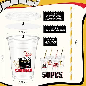 50 Pcs Movie Night Cups 12 oz Disposable Plastic Cups with Straws and Lids Cinema Clear mug Birth... | Amazon (US)