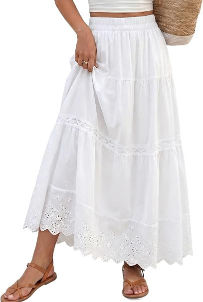 Womens Maxi Skirt Boho Summer Flowy Tiered Elastic High Waisted A Line Long Skirts Trendy Beach V... | Amazon (US)