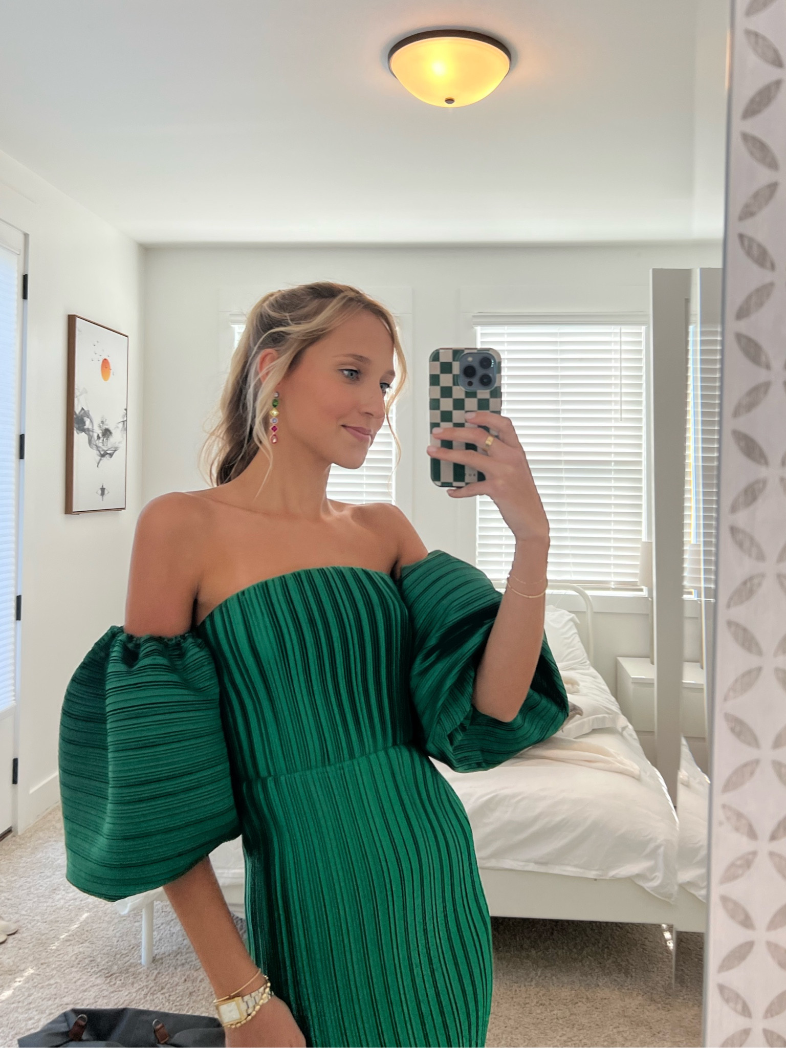 l'ide du cap off-the-shoulder puff-sleeve pleated column midi dress L'IDE