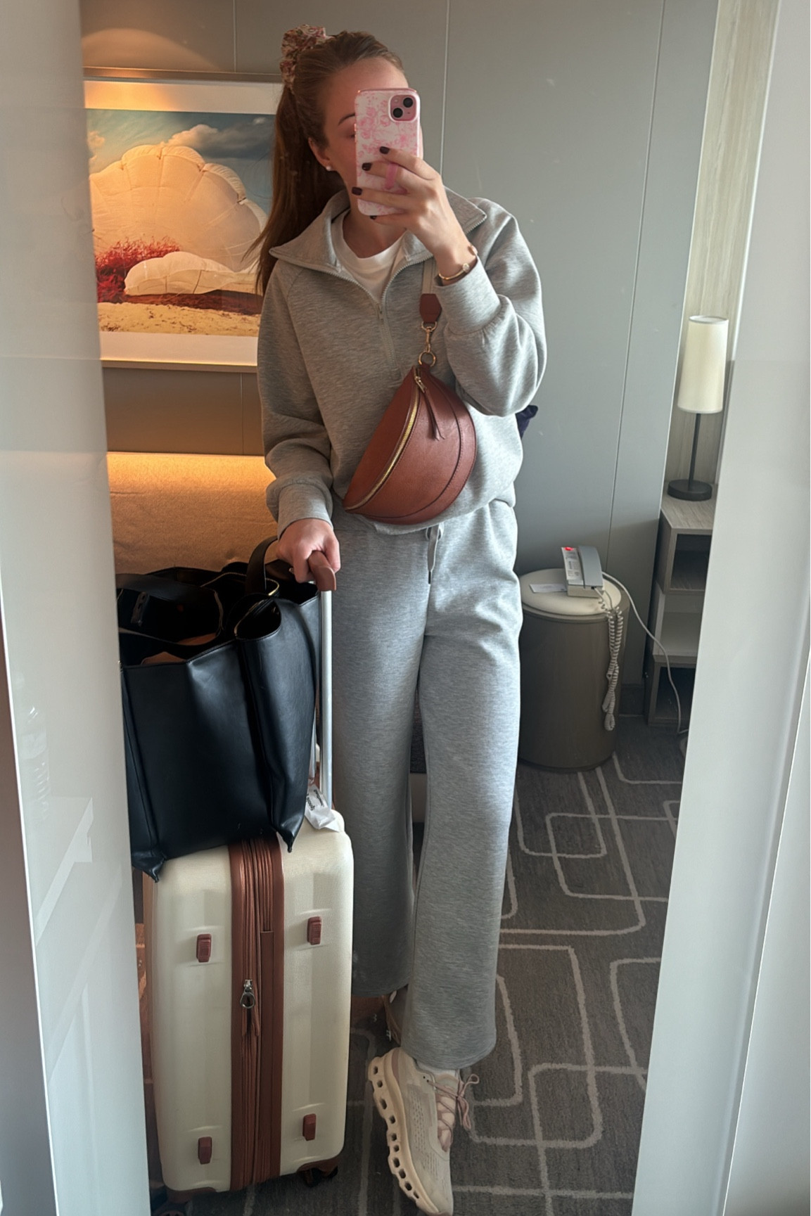 Comfy travel day look! Wearing a medium in the grey set! #amazontravel #traveloutfit #airportoutfit #airportlook