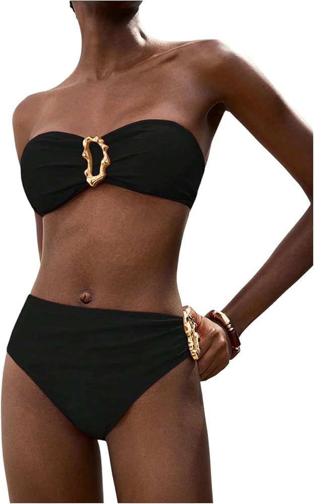 SHENHE Women's Metal Ring Bandeau Bikini Set High Waisted 2 Piece Strapless Swimsuits | Amazon (US)