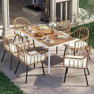 7-Piece Wicker Outdoor Dining Set with Rectangular Dining Table and 6 Yellow Rattan Dining Chairs with Beige Cushions | The Home Depot
