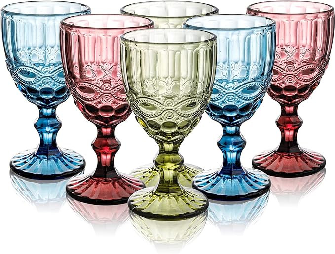 Youeon Set of 6 Colored Wine Goblets, 10 Oz Wine Glasses Set with Embossed Pattern, Colored Wine ... | Amazon (US)