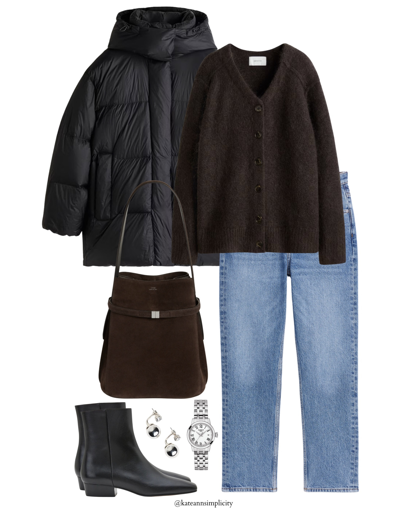 cozy and polished winter looks grounded in rich chocolate tones and minimalist essentials. The warm puffer and soft cardigan pair effortlessly with washed grey denim, sleek black boots and understated accessories, creating an elevated everyday outfit that feels timeless, warm and refined.

#LTKSeasonal #LTKHoliday #LTKGiftGuide