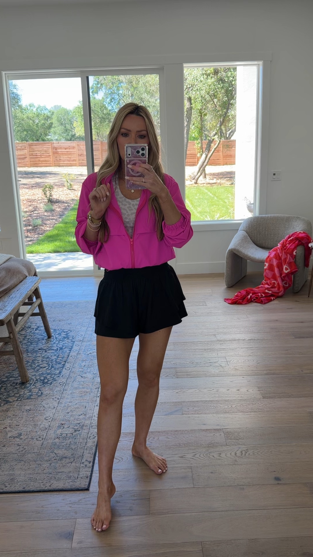 Amazon outfit of the day jacket size small sports bra size small shorts, size small