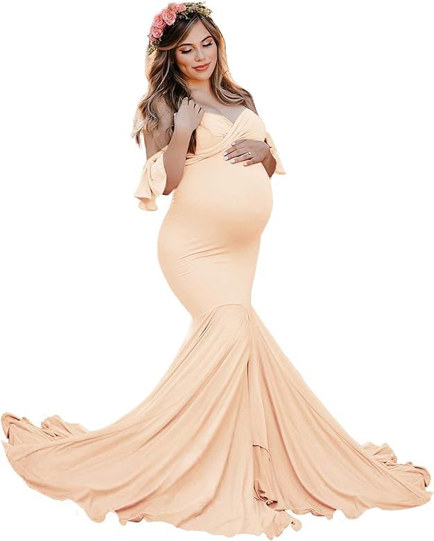 Saslax Off Shoulder Ruffle Sleeves Elegant Fitted Maxi Maternity Dress for Photoshoot Baby Shower | Amazon (US)