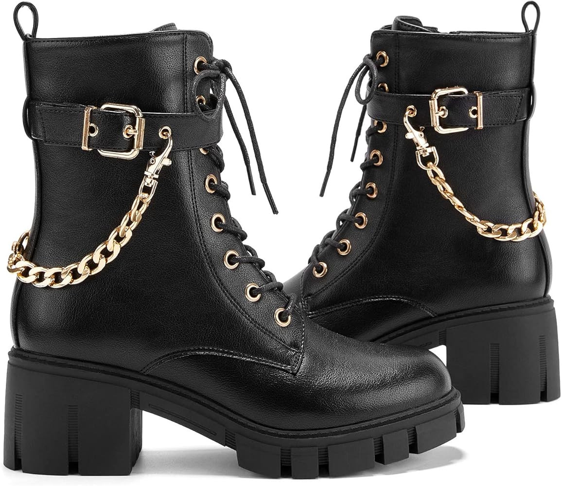 TINSTREE Women's Fashion Buckle Low Heel Combat Boots Side Zipper Mid Calf Booties Anti-Slip Motorcy | Amazon (US)