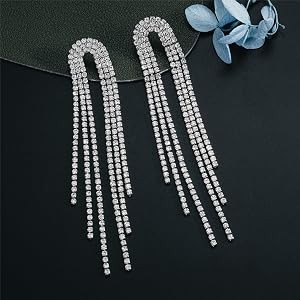 SELOVO Big Chain Tassel Statement Earrings Bridal Wedding Rhinestone Dangle Earrings | Amazon (US)