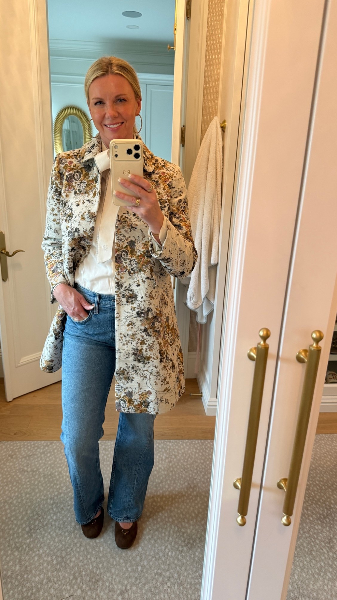 Fall closet staples. Must have straight leg jeans, bow  blouse and the prettiest jacquard jacket

#LTKSeasonal #LTKootd #LTKOver40