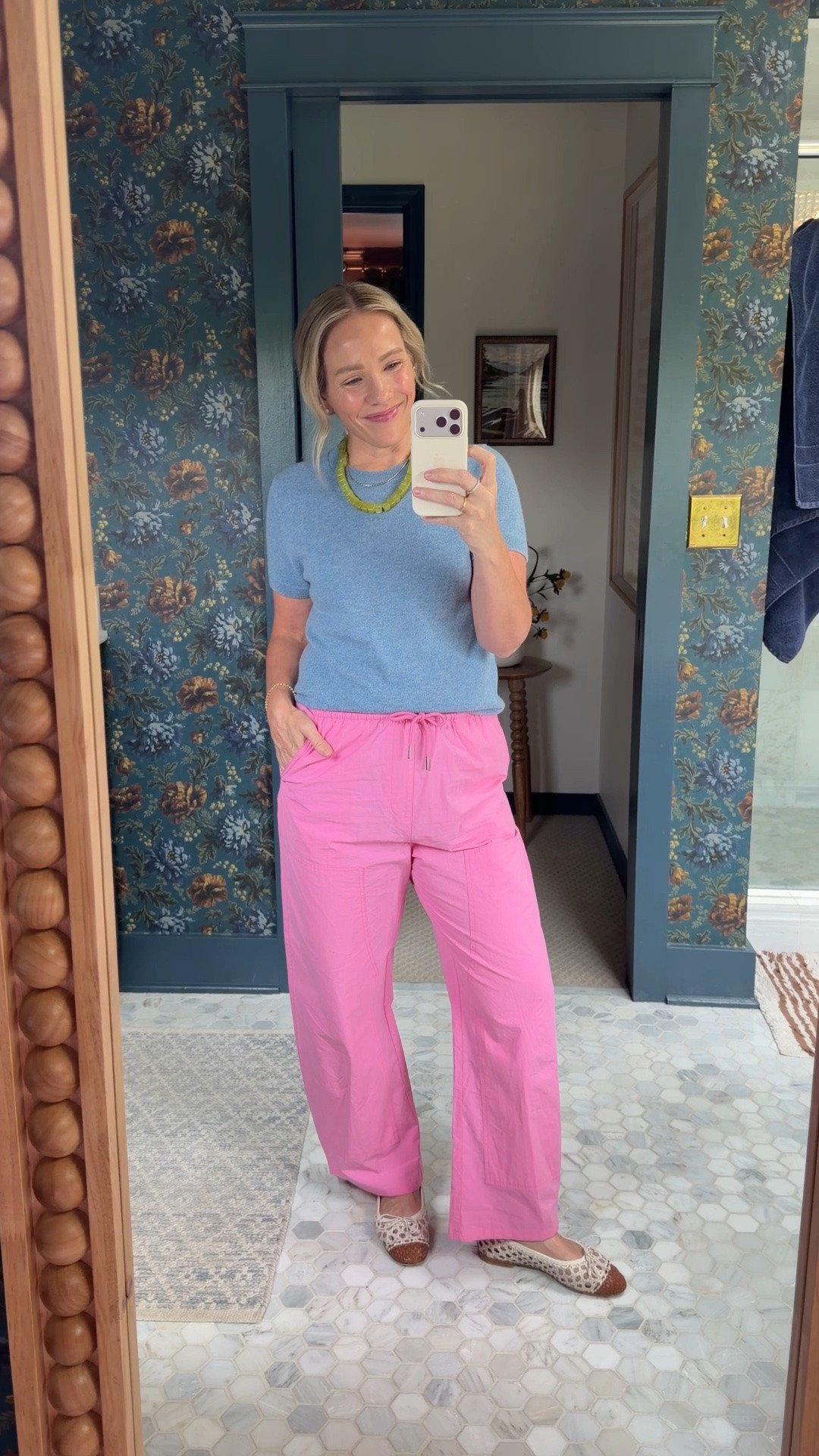 Everyday Casual Outfit - I sized up one to a Medium in the Quince short sleeve cashmere sweater, a perfect Fall transition style. Baublebar necklace is 25% off this week! Marguax woven flats, I went up a half size. Pistola pants code 15LATELY, wearing my regular size. EBY nude underwear size up one to a Medium. xo, Claire

#LTKootd #LTKSeasonal #LTKOver40