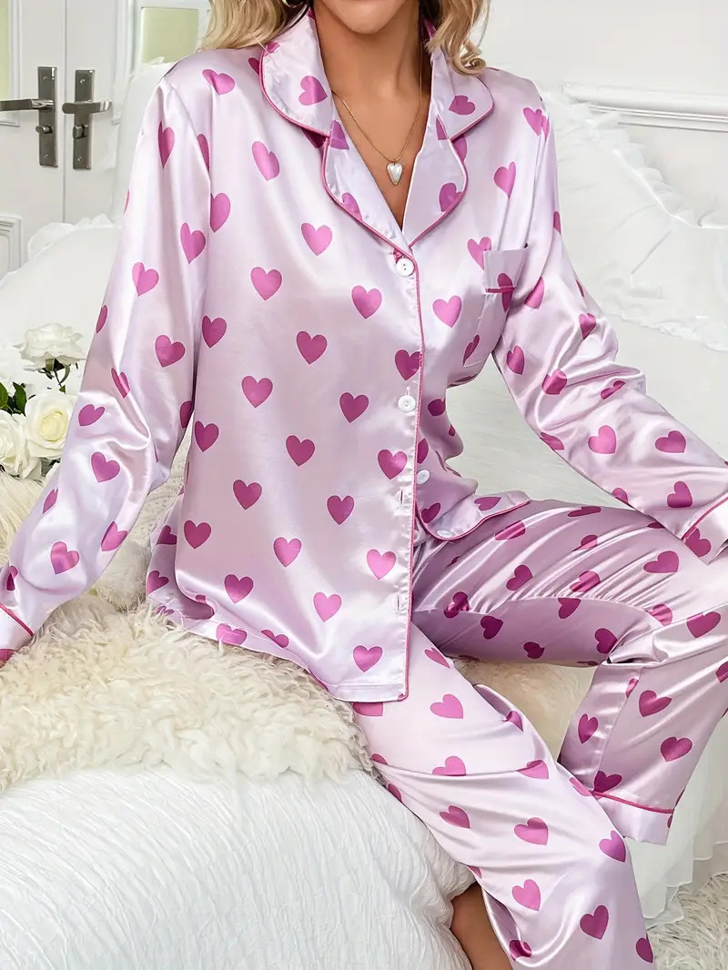Heart Print Satin Pajamas Set Long Sleeve Buttons - Temu | Temu Affiliate Program