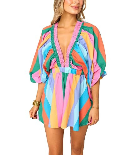 Yoawdats Womens Summer Plaid Romper Casual Loose Deep V Neck Loose Bubble Sleeve Wide Leg Jumpsui... | Amazon (US)