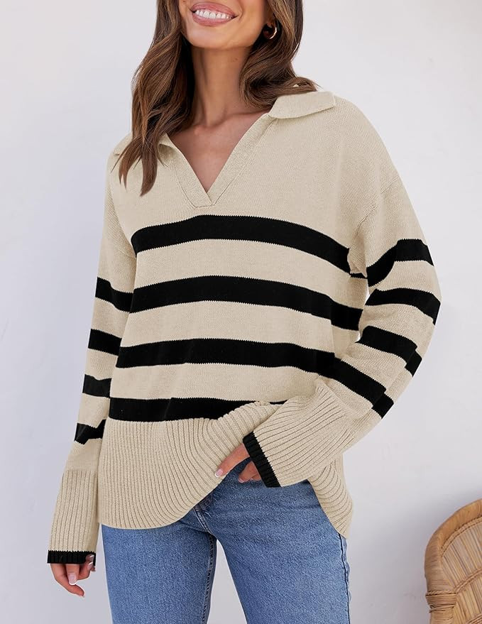 ZESICA Women's 2023 Winter Striped Sweaters Lapel V Neck Long Sleeve Chunky Knit Oversized Pullov... | Amazon (US)