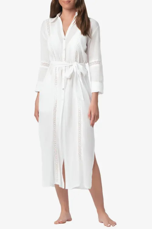 HELEN JON Eyelet Trim Long Shirt Dress in White at Nordstrom, Size Medium | Nordstrom