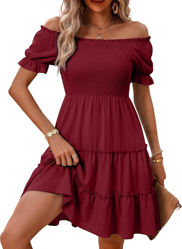 Women's Summer Off Shoulder Dress Square Neck Puff Sleeve Smocked Dresses Ruffle Hem Flowy Casual... | Amazon (US)