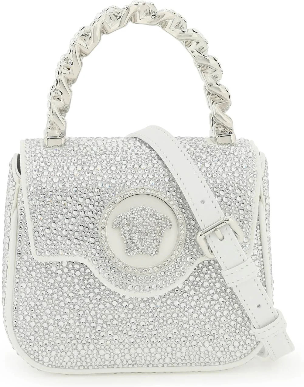 Versace Women's La Medusa Handbag With Crystals in Silver | 10030161A06487 | LOZURI