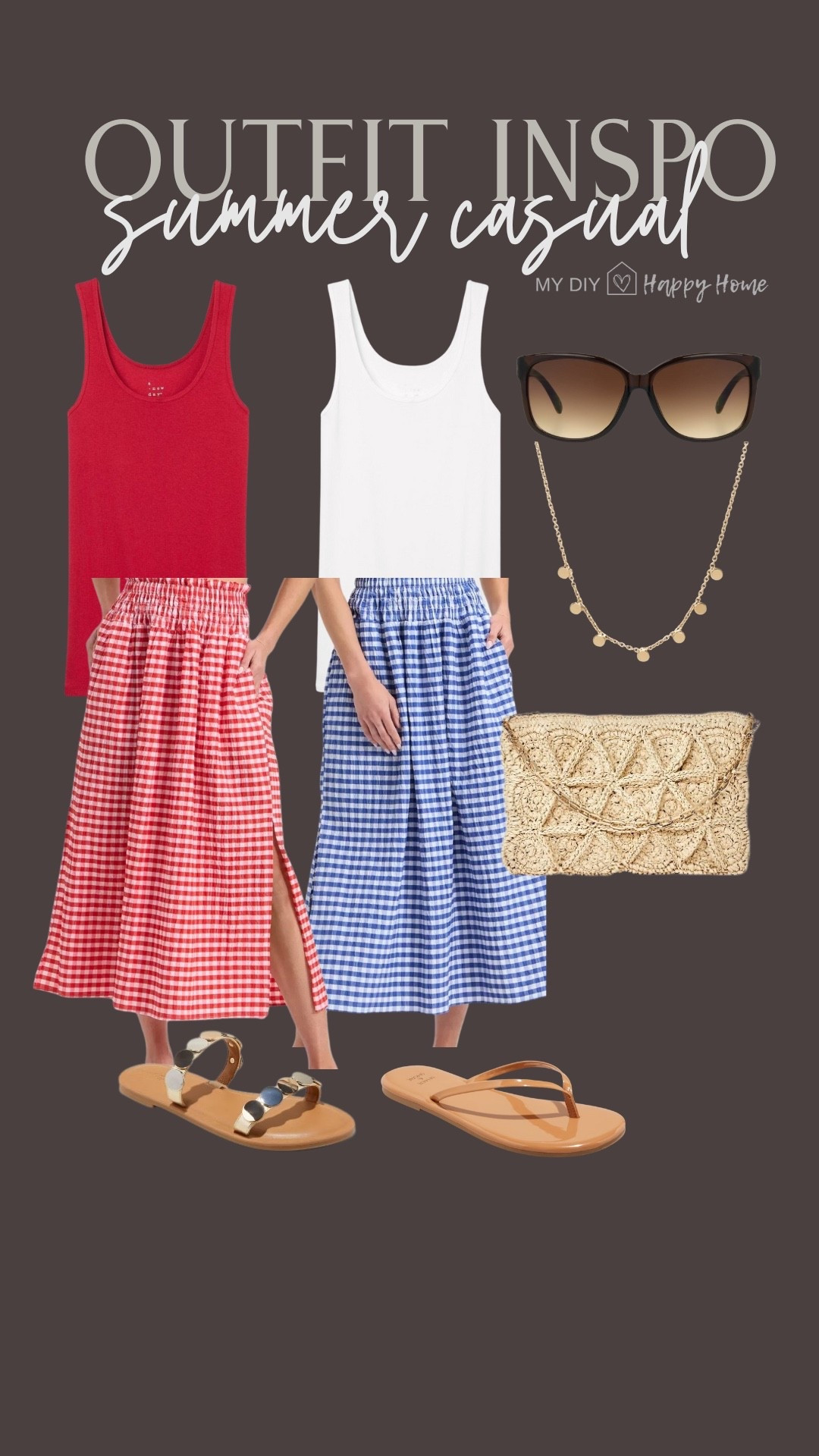 Summer outfit idea:

Gingham skirt - in red or blue 
Pair with a classic tank 
Sandals 
Necklace 
Woven purse 
Sunglasses 

#LTKSummerEdit #LTKSeasonal #LTKMidsize