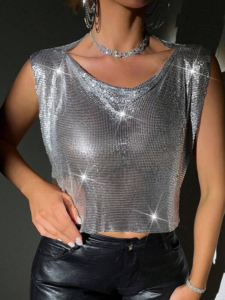 Women's Metallic Sequin Patchwork Crop Top, Suitable For Halloween, Stage Performance, Evening Pa... | SHEIN