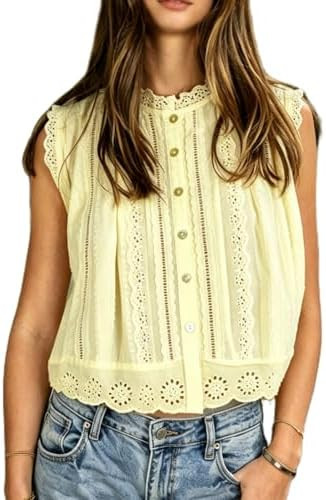 Women Y2k Semi Sheer Blouse Eyelet Embroidery Sleeveless Button Down Mock Neck Casual Cropped Lac... | Amazon (US)