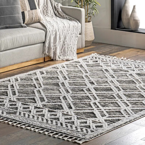 Rachelle Moroccan Tasseled Power Loom Performance Gray/White Rug | Wayfair North America