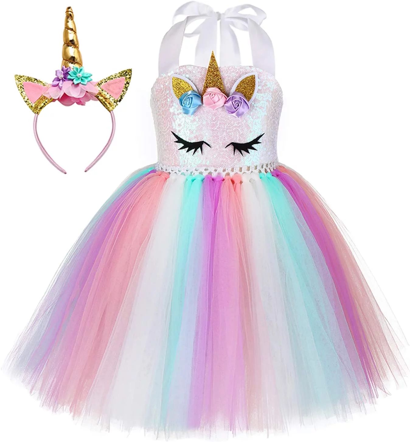 Unicorn Dress for Girls, LONGRV 1-9 Year Old Girls Unicorn Party Costume with Headband, Birthday ... | Walmart (US)