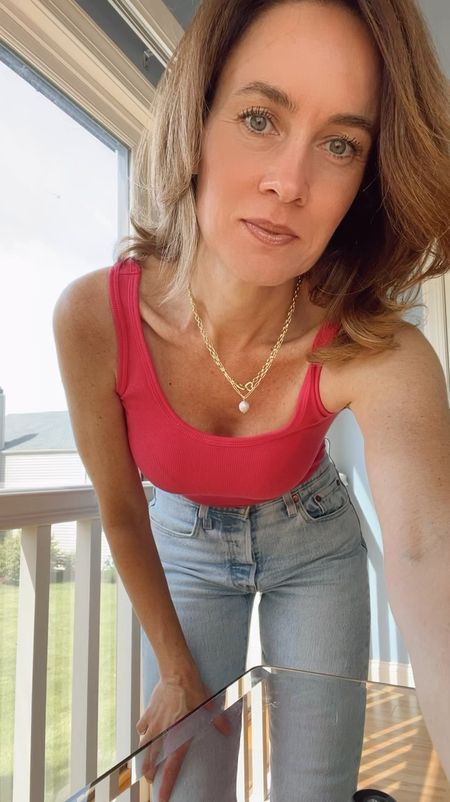 What I am wearing today: my outfit of the day.  Walmart Time and Tru Women's Rib Tank in Smokin hot pink, Levi's 501 Wedgie Jeans, Gorjana Heart necklace, Gorjana Pearl necklace #gorjana #walmart #walmartfashion #levis

#LTKOver40 #LTKStyleTip #LTKVideo