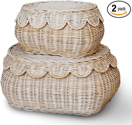 Hand Woven Rattan Basket Set - 15x10x6 Inch - Small Scalloped Baskets - Round Wicker Basket - Wic... | Amazon (US)