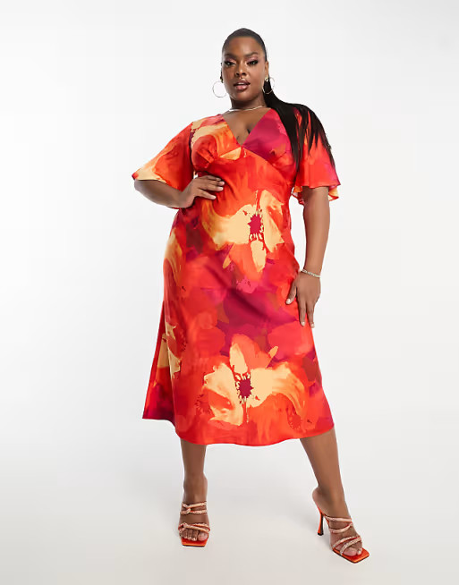 ASOS DESIGN Curve exclusive satin flutter sleeve midi dress in floral print | ASOS (Global)