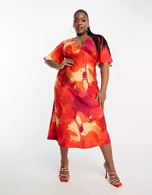 ASOS DESIGN Curve exclusive satin flutter sleeve midi dress in floral print | ASOS (Global)