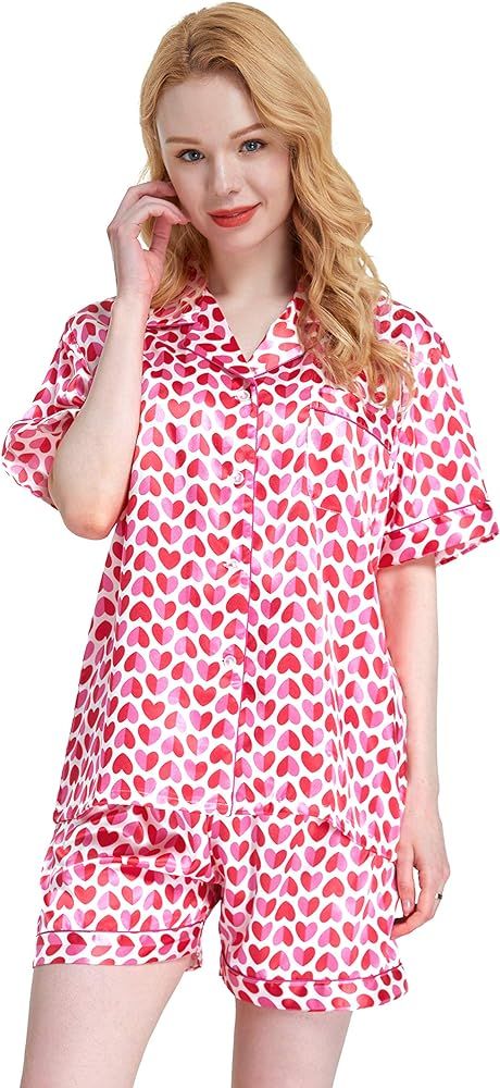 Women's Satin Sleepwear Short Sleeve Pajamas Set Button Down Nightwear | Amazon (US)