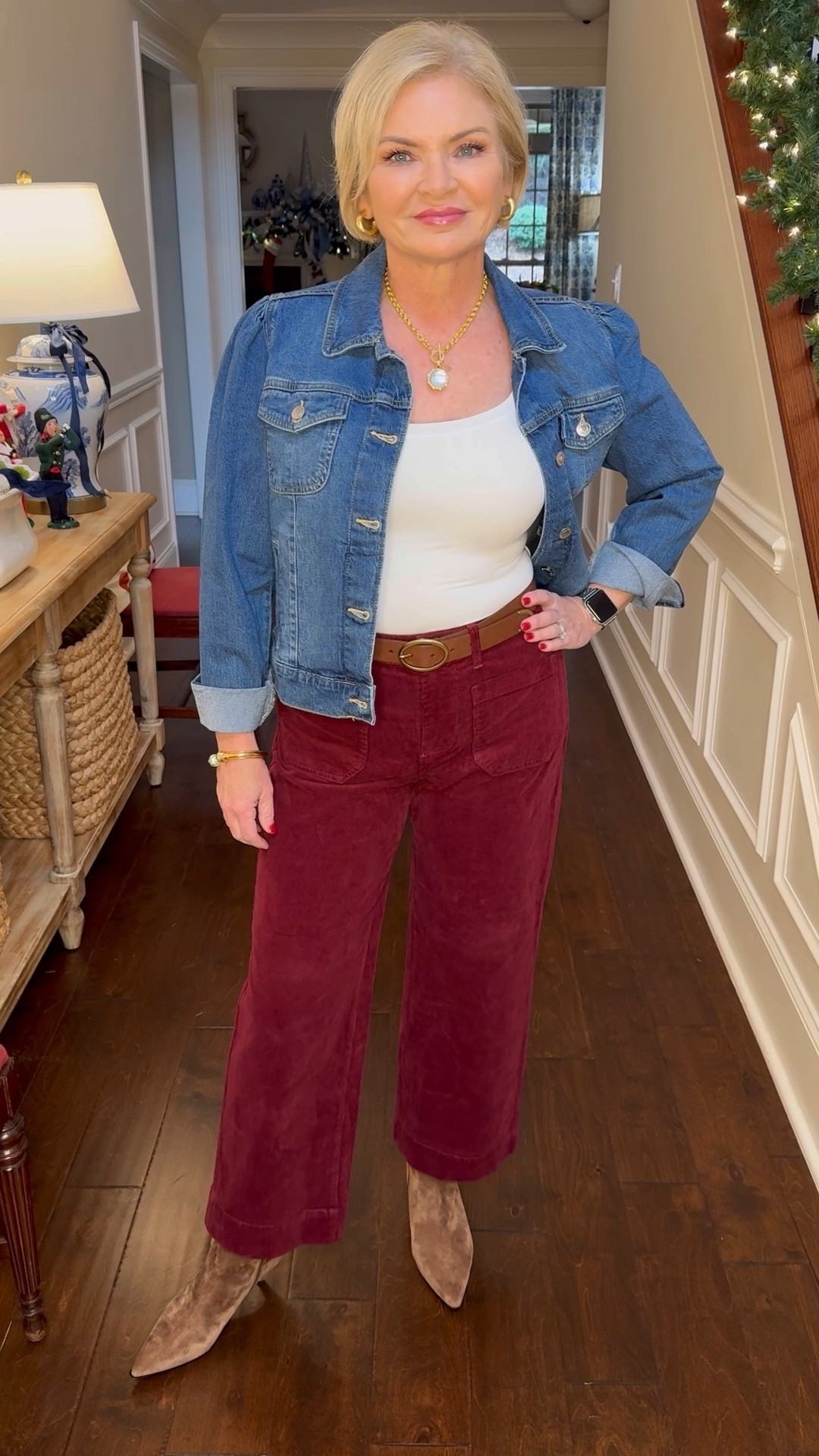 Corduroy is trending! Especially in the color of the season, burgundy! You can really dress these up but here I've dressed them in an everyday outfit with fitted tee, denim jacket and ankle
Boots from J.Crew.  Wearing the pans in size 4, jacket j. Small and top in medium. 

Holiday outfits 
Casual outfit
Everyday outfit
Outfit ideas
Corduroy
Wide leg pants
Suede boots
Petite fashion
Over 50

#stylewithserena
#casualoutfit
#holidayoutfits
#petitefashion
#fashionover50
#midlifefashion
#midlifeinfluencers

#LTKWatchNow #LTKHoliday #LTKFindsUnder100