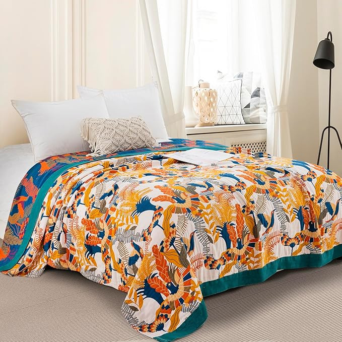 100% Muslin Cotton Throw Blanket for Bed Couch Chair, Boho Floral Bird Colorful Retro Quilt Ultra... | Amazon (US)