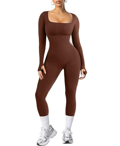 Popilush Womens Unitard Bodysuits Long Sleeve Sport Jumpsuit Square Neck Yoga Exercise Workout Rompers Bodycon Brown S | Amazon (US)