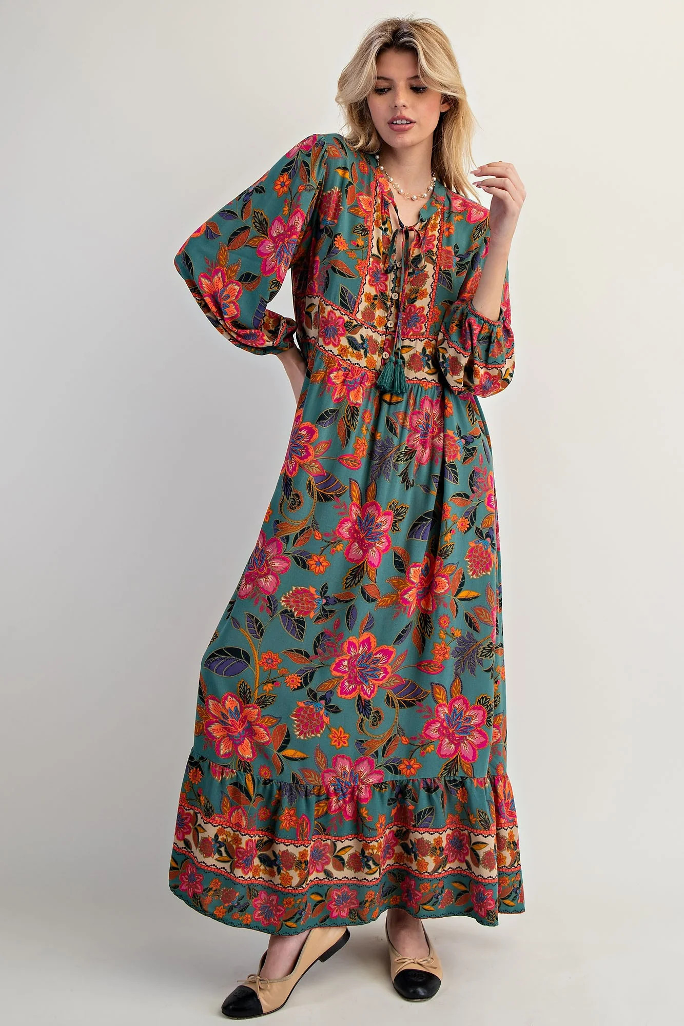 Forest Green Floral Tassel Tie Long Sleeve Maxi Dress | PinkBlush Maternity