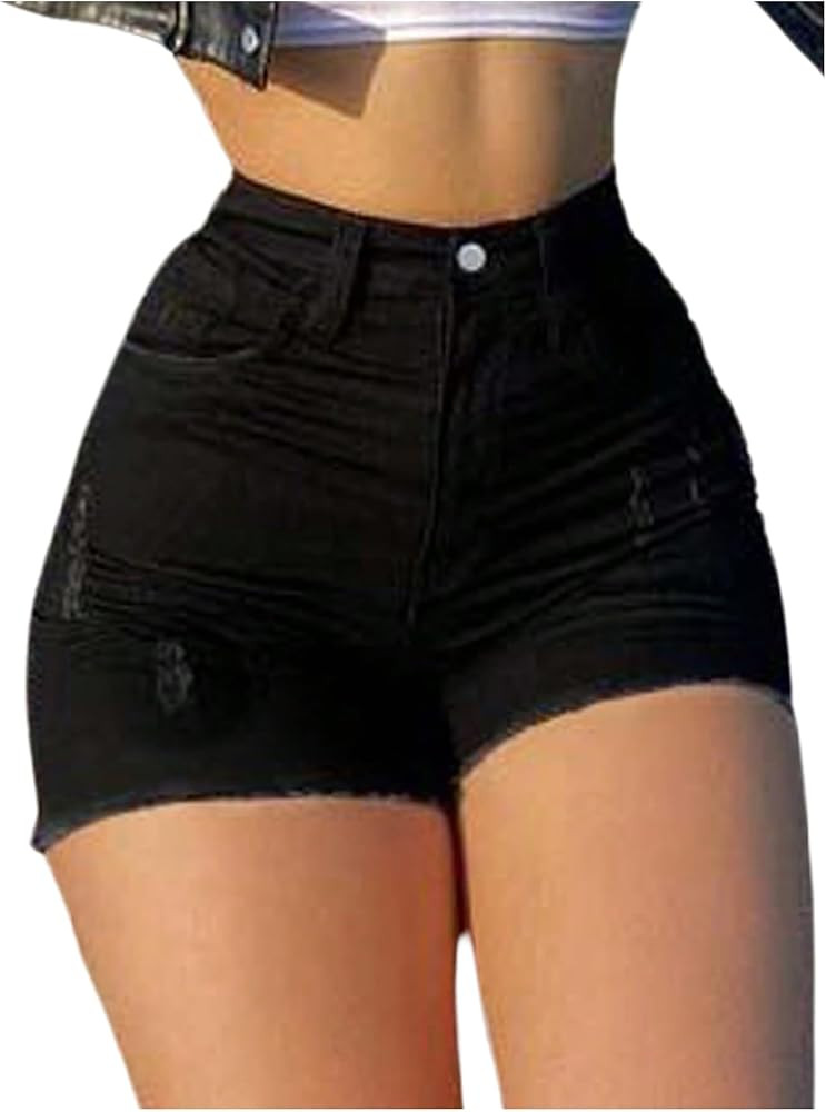 WDIRARA Women's High Waisted Skinny Denim Shorts Frayed Distressed Jean Shorts with Pockets | Amazon (US)
