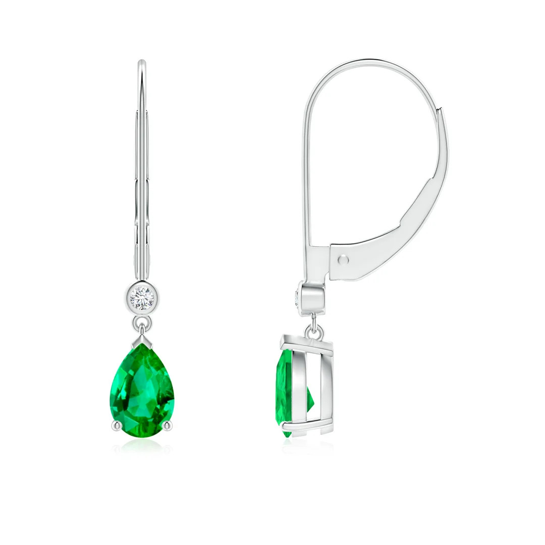 Pear-Shaped Emerald Leverback Drop Earrings with Diamond | Angara Inc.