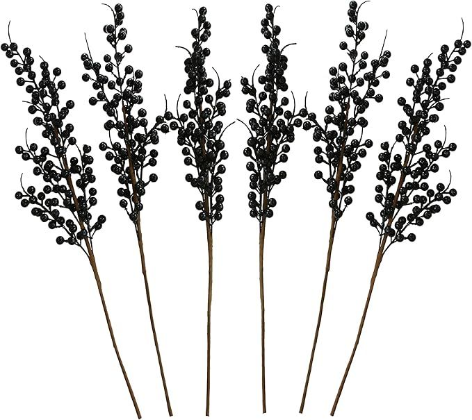 GREENTIME 6 Pack Black Artificial Long Berry Stems Fake 25.2" Faux Holly Berries Branches for Vas... | Amazon (US)
