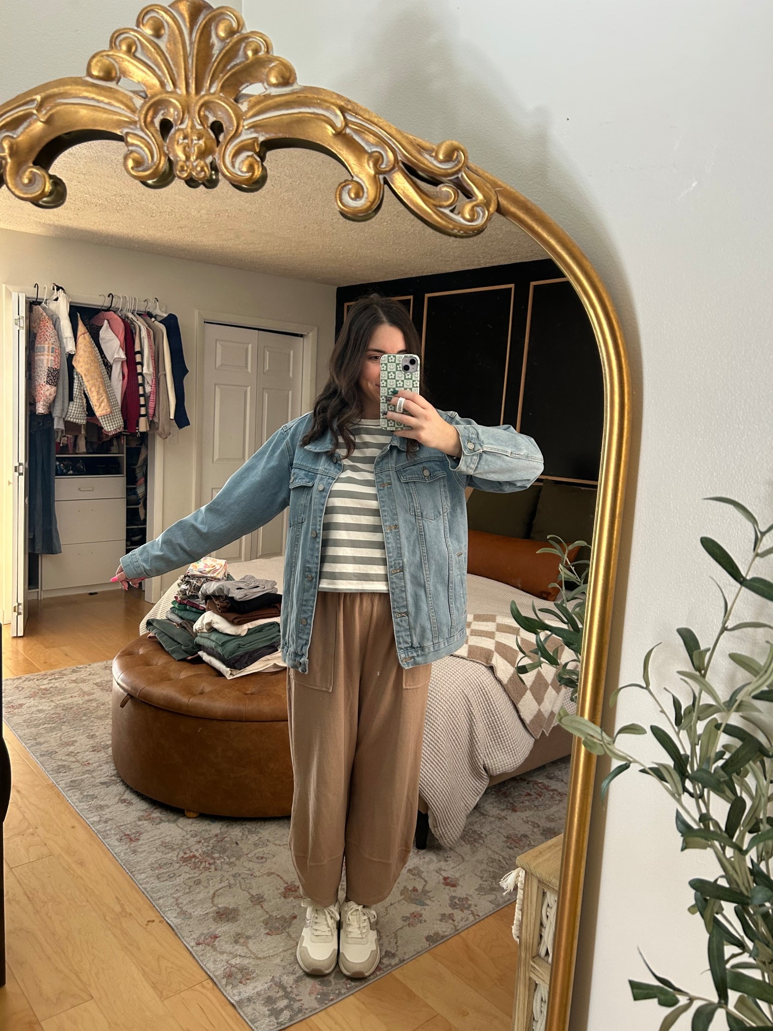 Perfect toddler mom outfit of the day transitioning to Spring! 🩵💐

Flowy comfy stretchy lightweight waistband pants from Amazon, oversized striped tee mid-length, denim embroidered “mama” jacket, new neutral affordable Walmart shoes 

#LTKSpringSale #LTKFindsUnder50 #LTKWatchNow