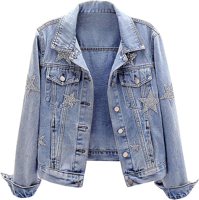 SCOFEEL Cropped Jean Jacket for Women Regular Fit Embellished Stars Denim Jacket Coat | Amazon (US)