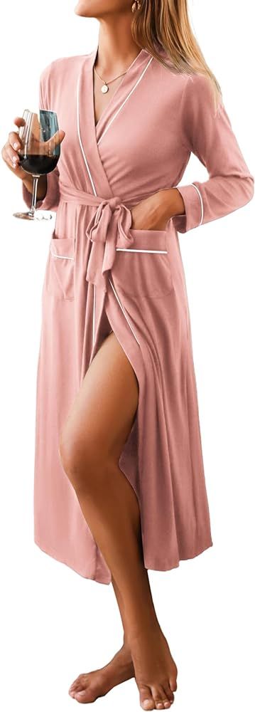 Ekouaer Women Kimono Robes Full Length Knit Bathrobe Lightweight Soft Sleepwear V-neck Casual Lad... | Amazon (US)