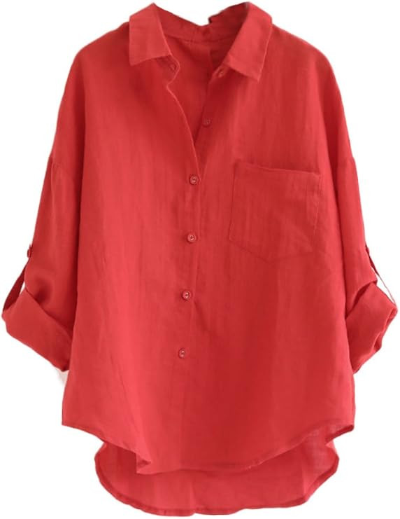 Minibee Women's Linen Blouse High Low Shirt Roll-Up Sleeve Tops | Amazon (US)