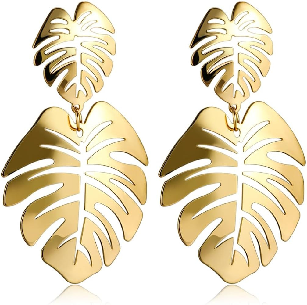 Doubnine Palm Leaf Earrings Large Monstera Gold Line Dangle Earrings Bohemian Summer Festvial Jew... | Amazon (US)