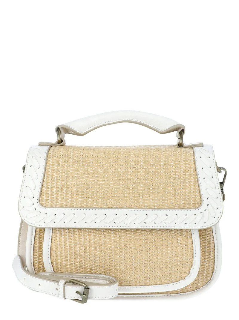 The Pioneer Woman Women’s Raffia and Faux Leather Flap Crossbody Handbag, Ivory | Walmart (US)