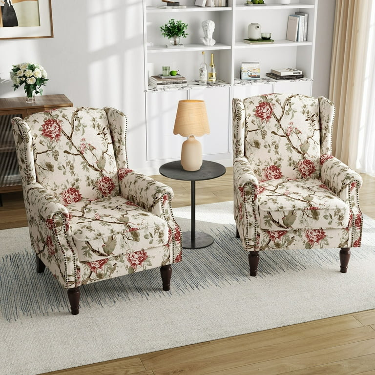 UIXE Floral Accent Chairs Set of 2 Living Room Chairs Retro Wingback Arm Chair Upholstered Armcha... | Walmart (US)