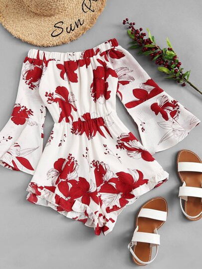 Off Shoulder Floral Print Flounce Sleeve Jumpsuit | SHEIN